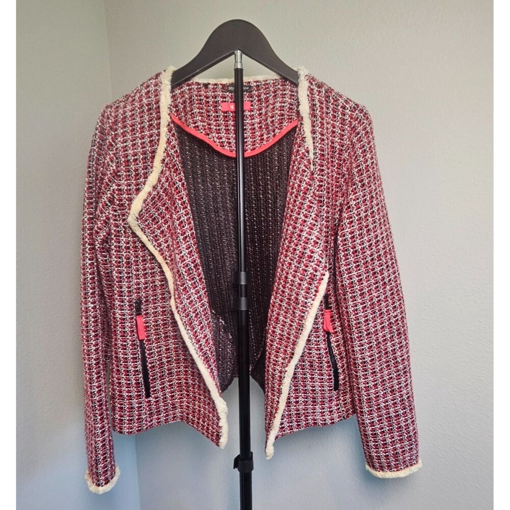 Street One Jacket Womens 10 Tweed Open Front Blazer Red Boucle Zip Pocket EUR 42